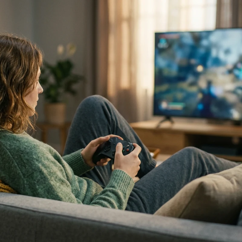 Joueur sur canapé avec manette sans fil