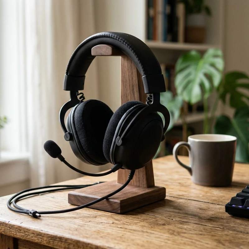 Casque Battletron posé sur support bois