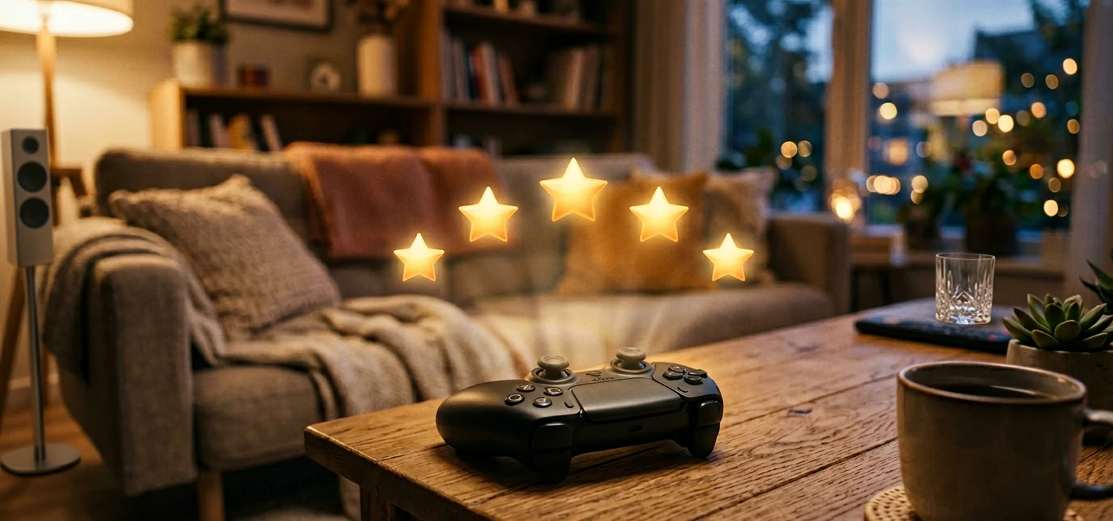 Étoiles et manette Battletron sur table basse salon