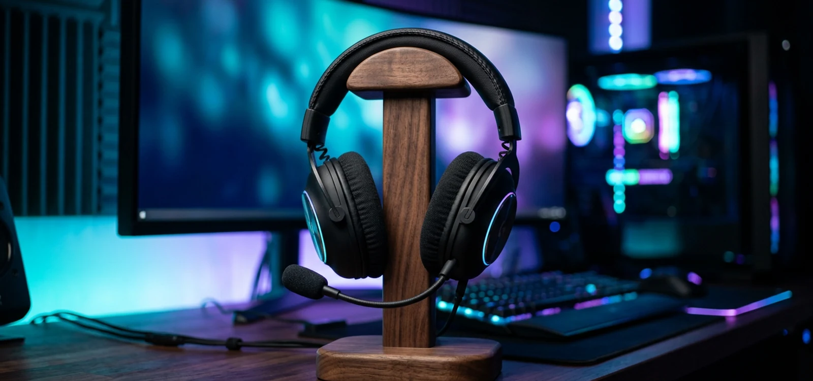 Casque Battletron avec micro sur support bois