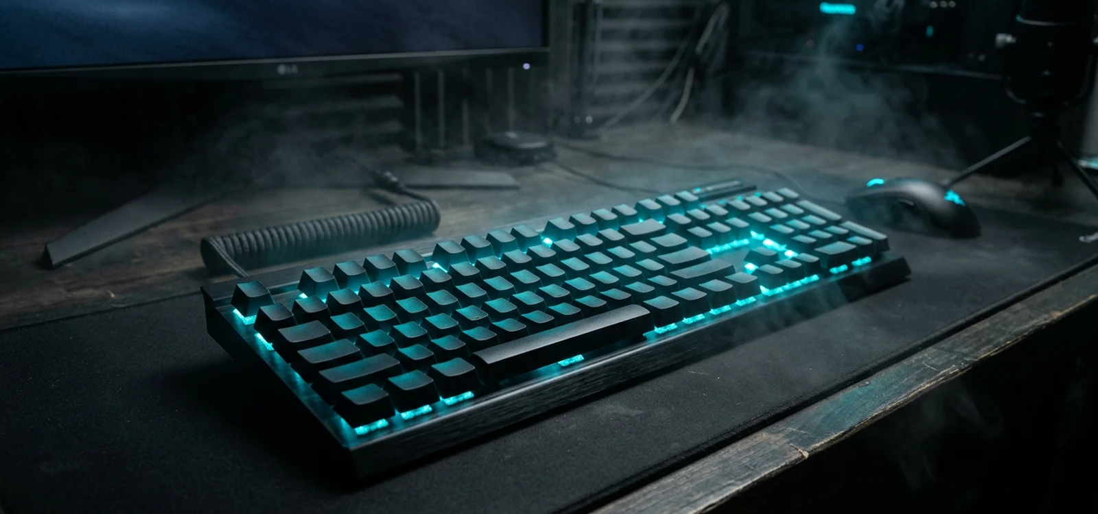 Clavier gaming Battletron rétroéclairage cyan sur bureau