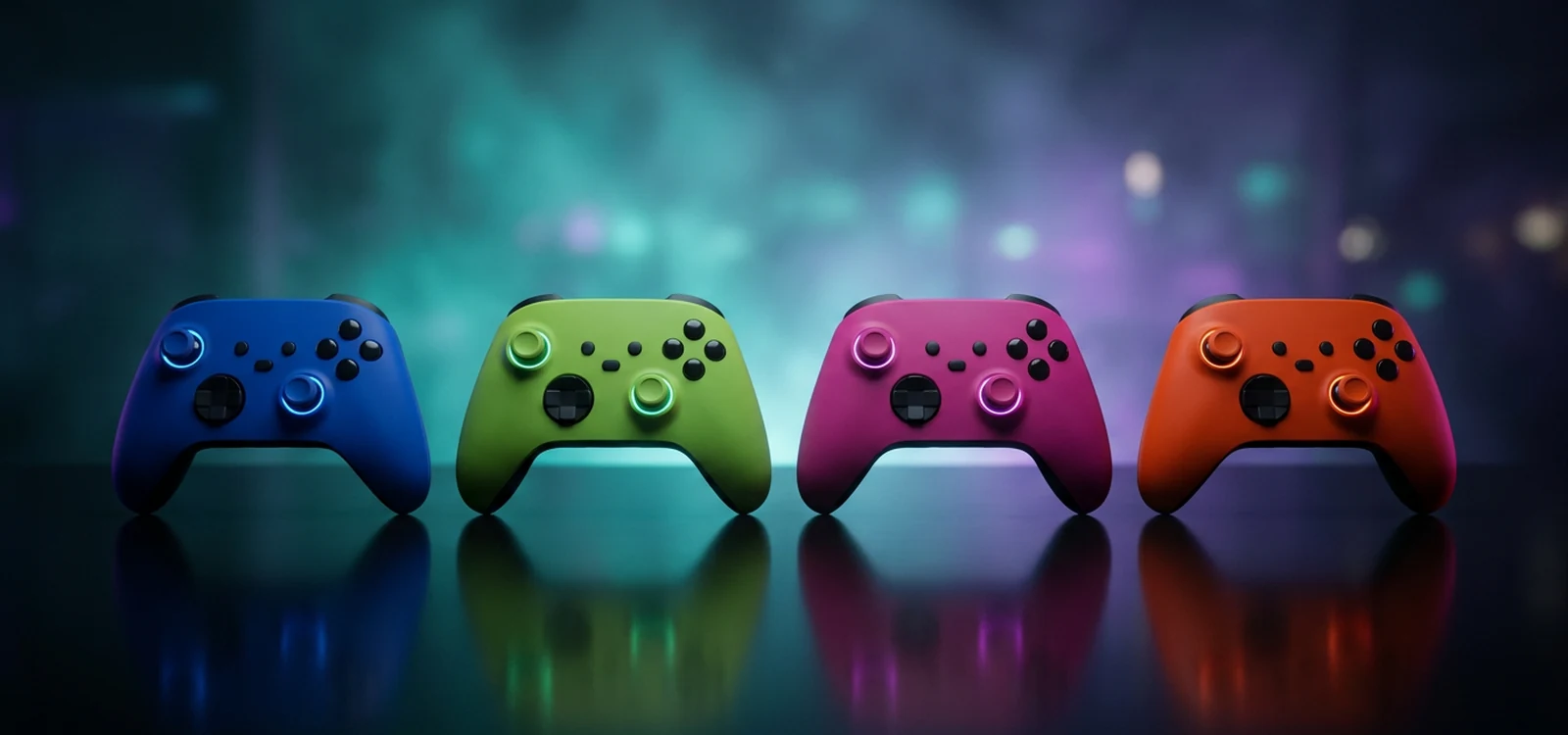 Rangée de manettes Battletron sur fond néon gaming doux