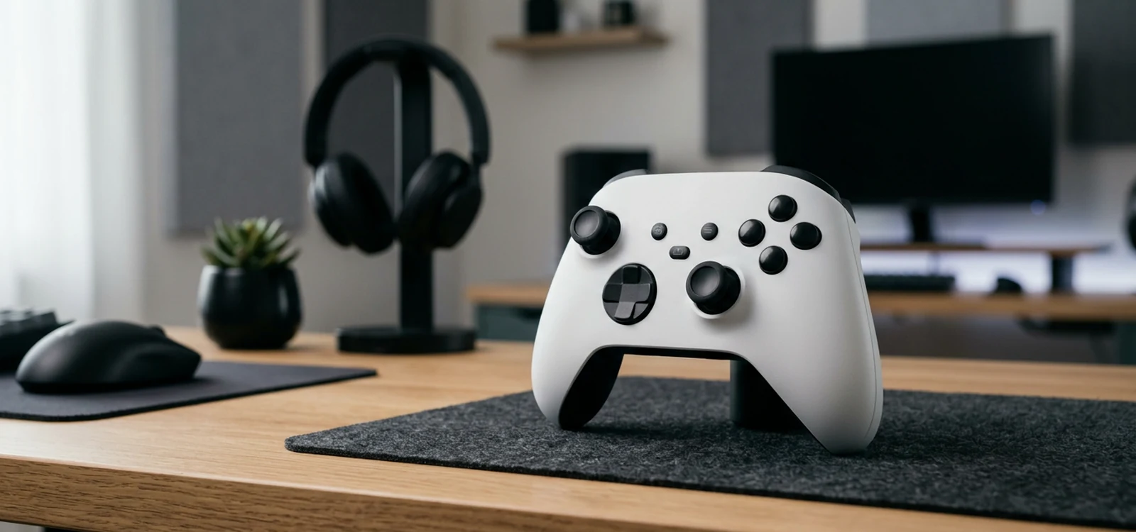 Manette Battletron blanche et noire style PS5 sur bureau